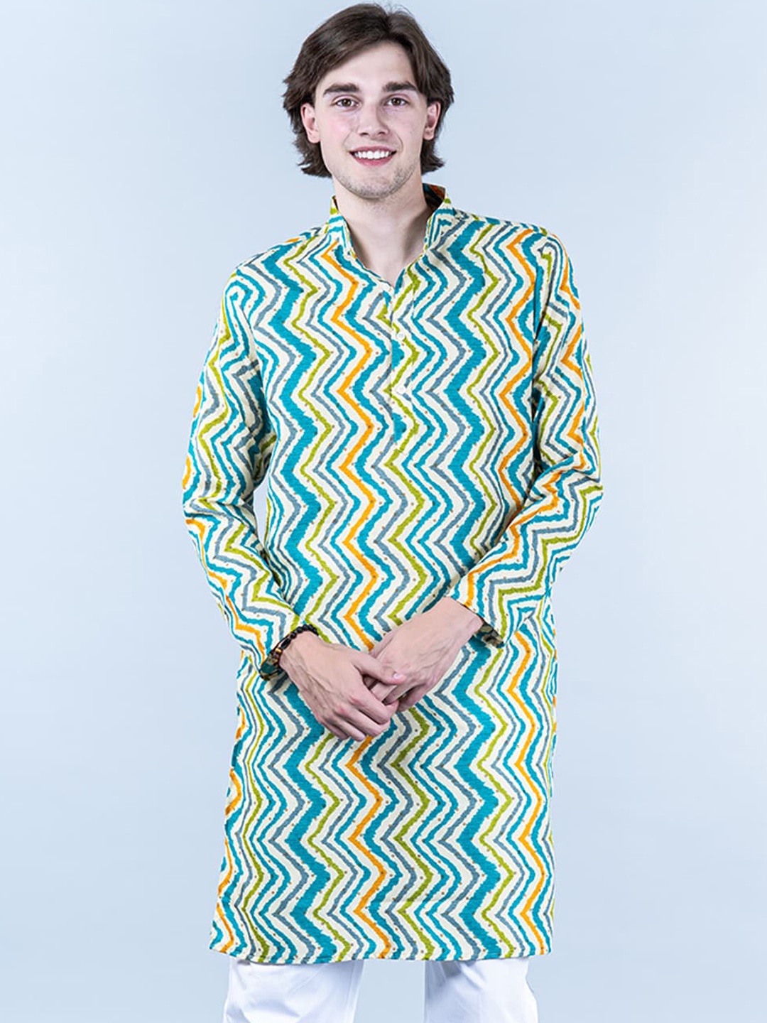 

Tistabene Chevron Printed Mandarin Collar Long Sleeve Cotton Straight Kurta, Blue