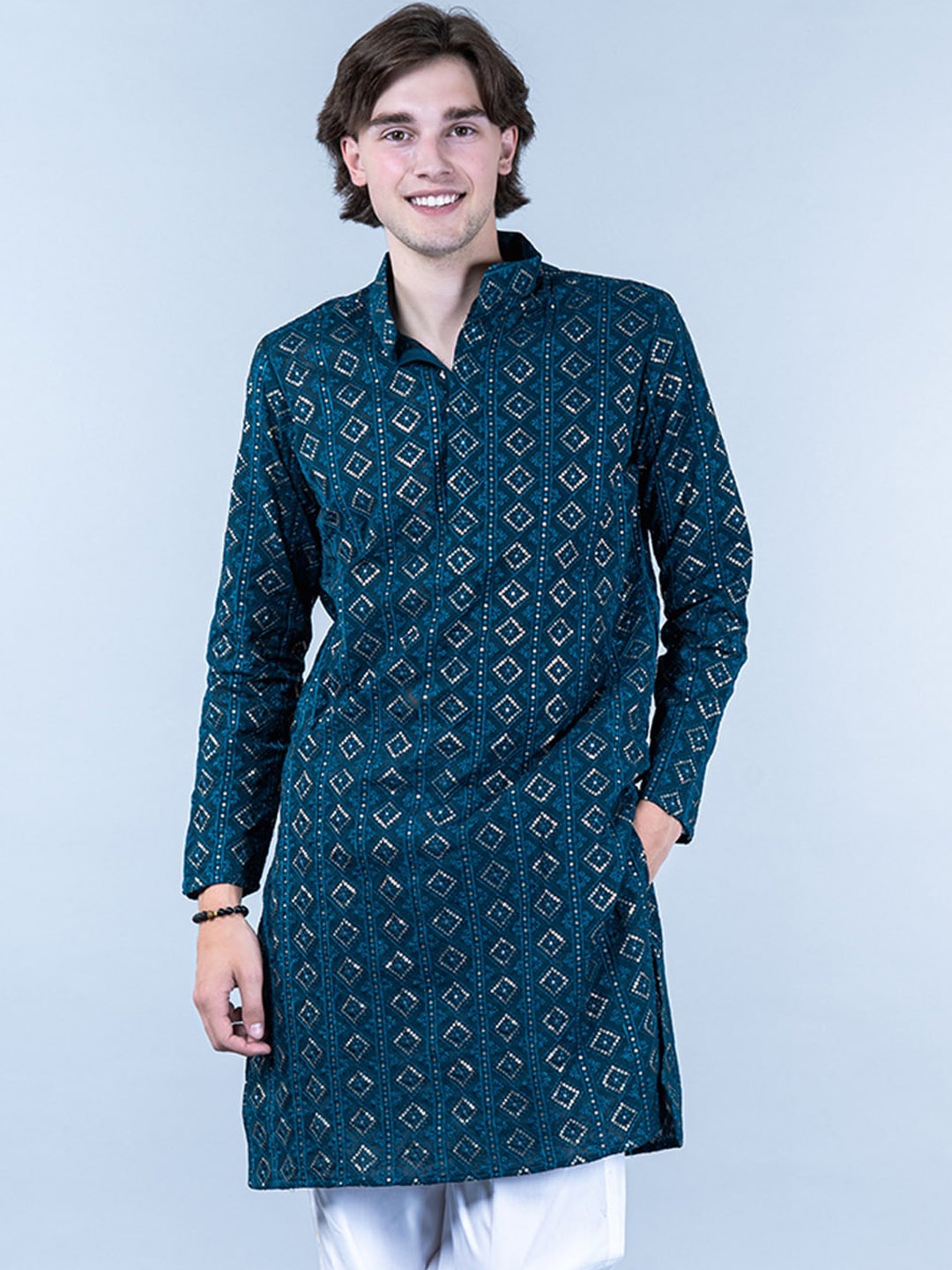 

Tistabene Geometric Embroidered Sequinned Pure Cotton Kurta, Teal