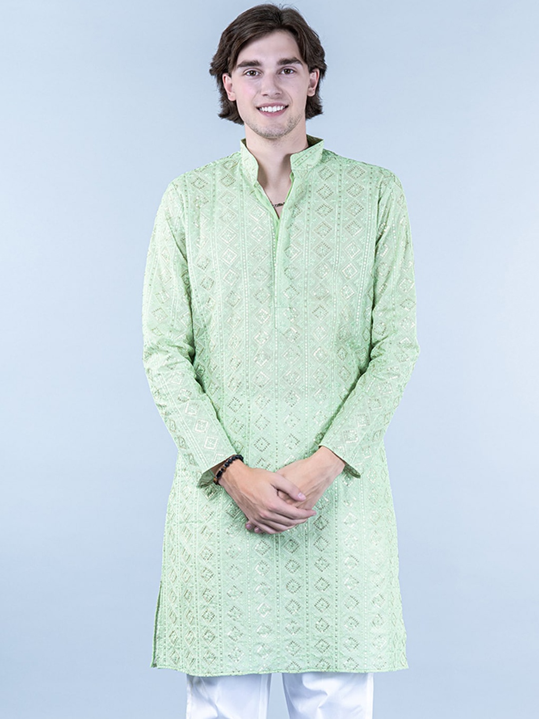 

Tistabene Geometric Embroidered Sequinned Pure Cotton Kurta, Green