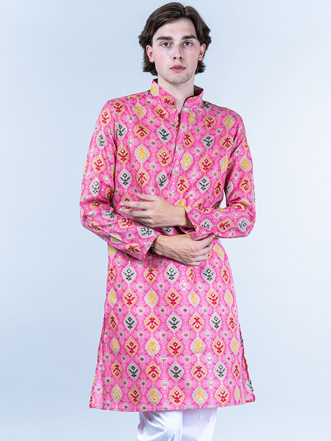 

Tistabene Ethnic Motifs Woven Design Mandarin Collar Cotton Kurta, Pink