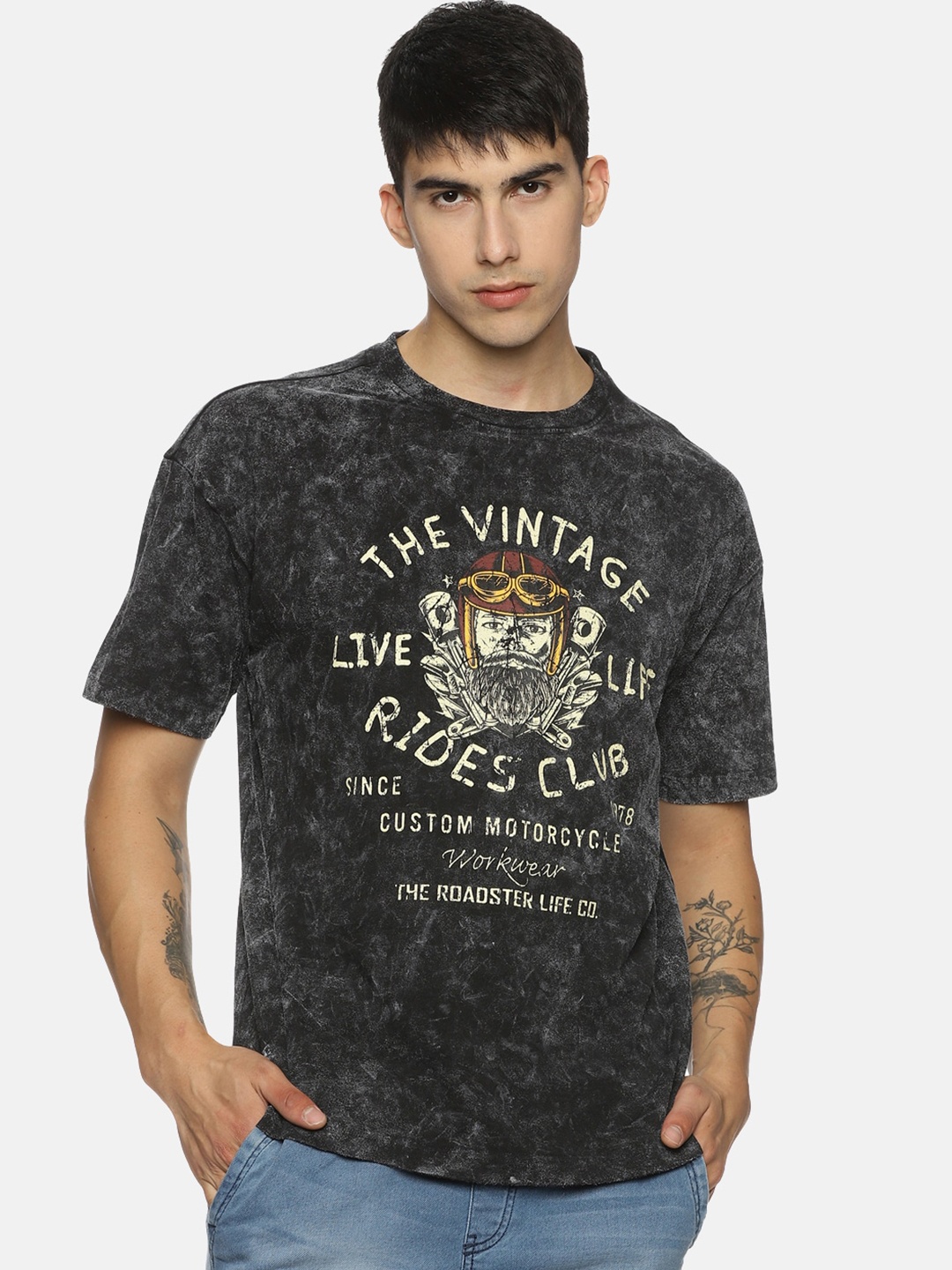 

The Roadster Lifestyle Co. Typography Printed Oversized Pure Cotton T-Shirt, Black