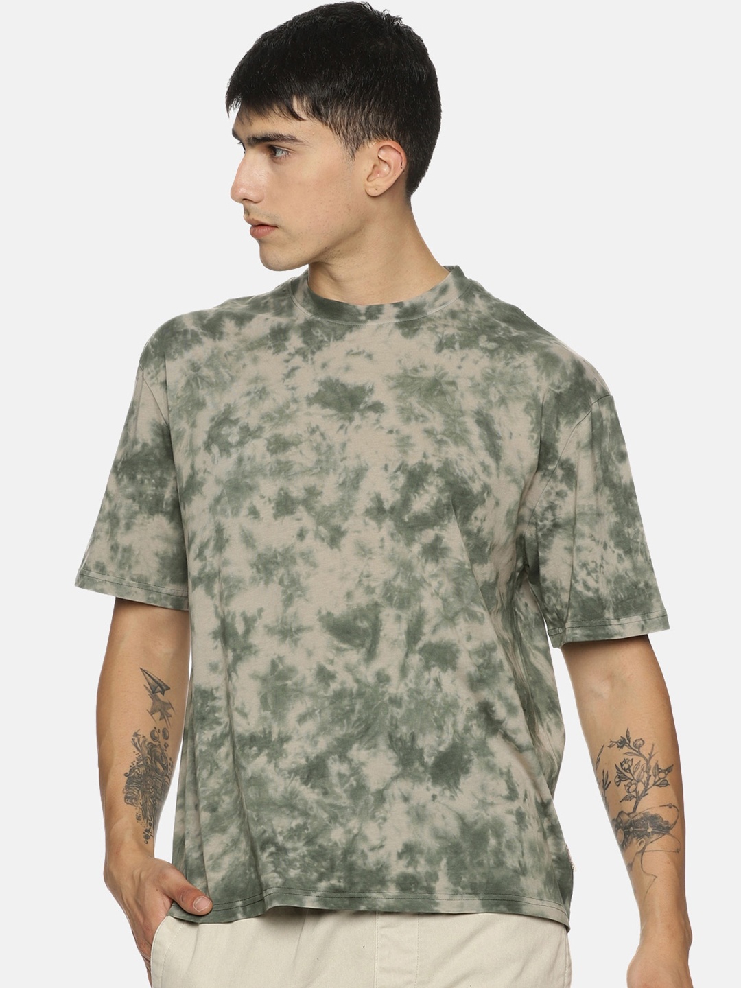 

The Roadster Lifestyle Co. Tie & Dye Oversized Pure Cotton T-Shirt, Olive