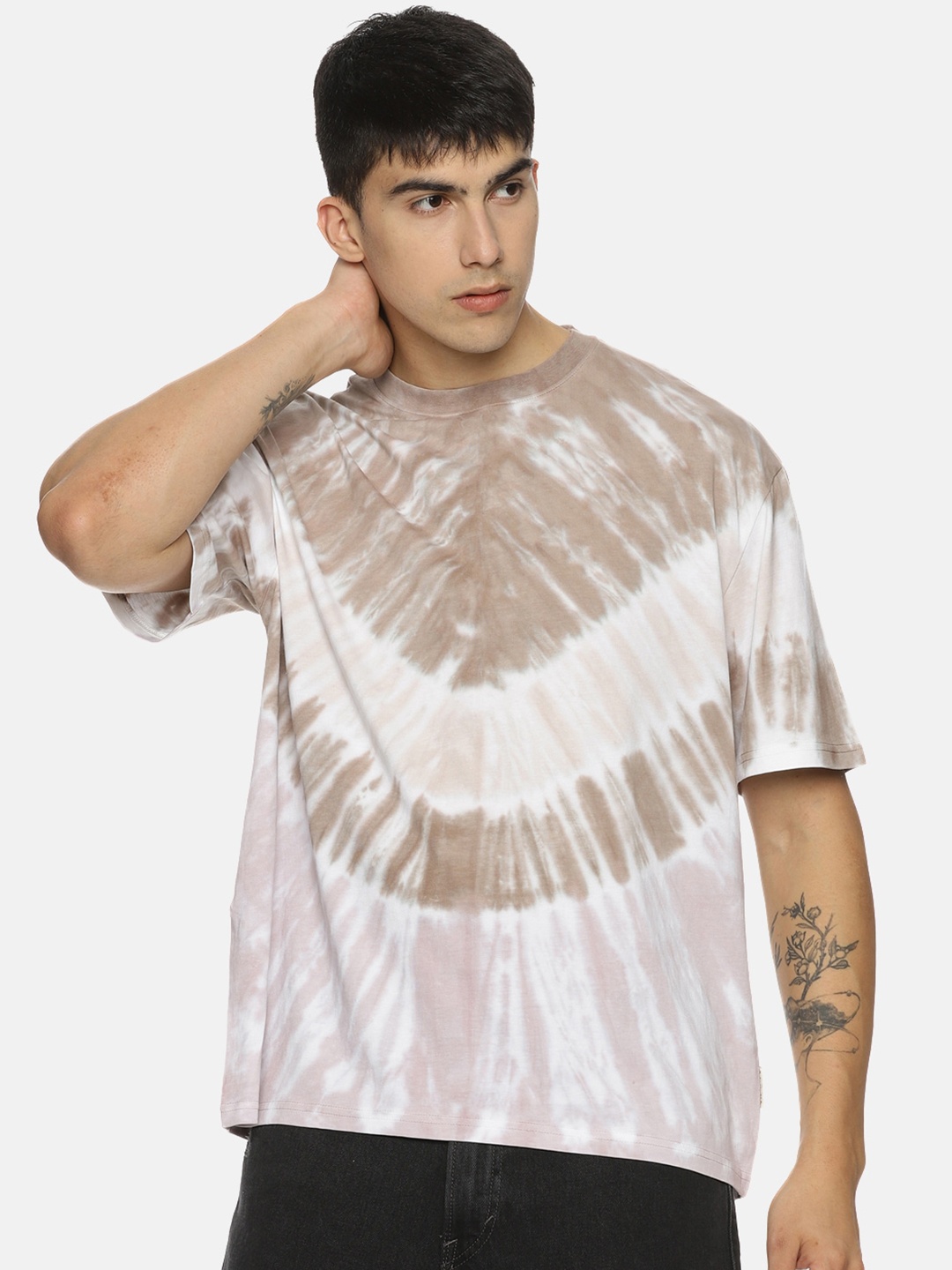 

Roadster Tie & Dye-Printed Drop-Shoulder Sleeves Pure-Cotton Oversized T-Shirt, Brown
