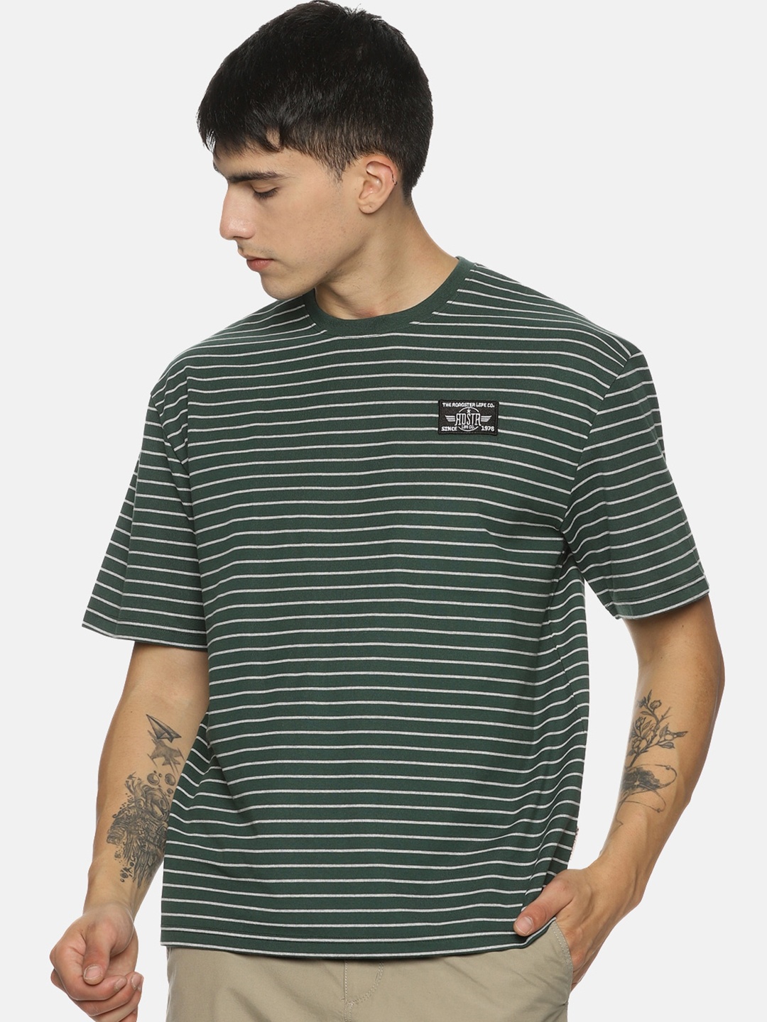 

Roadster Tie & Dye-Printed Round Neck Pure-Cotton Oversized T-Shirt, Green