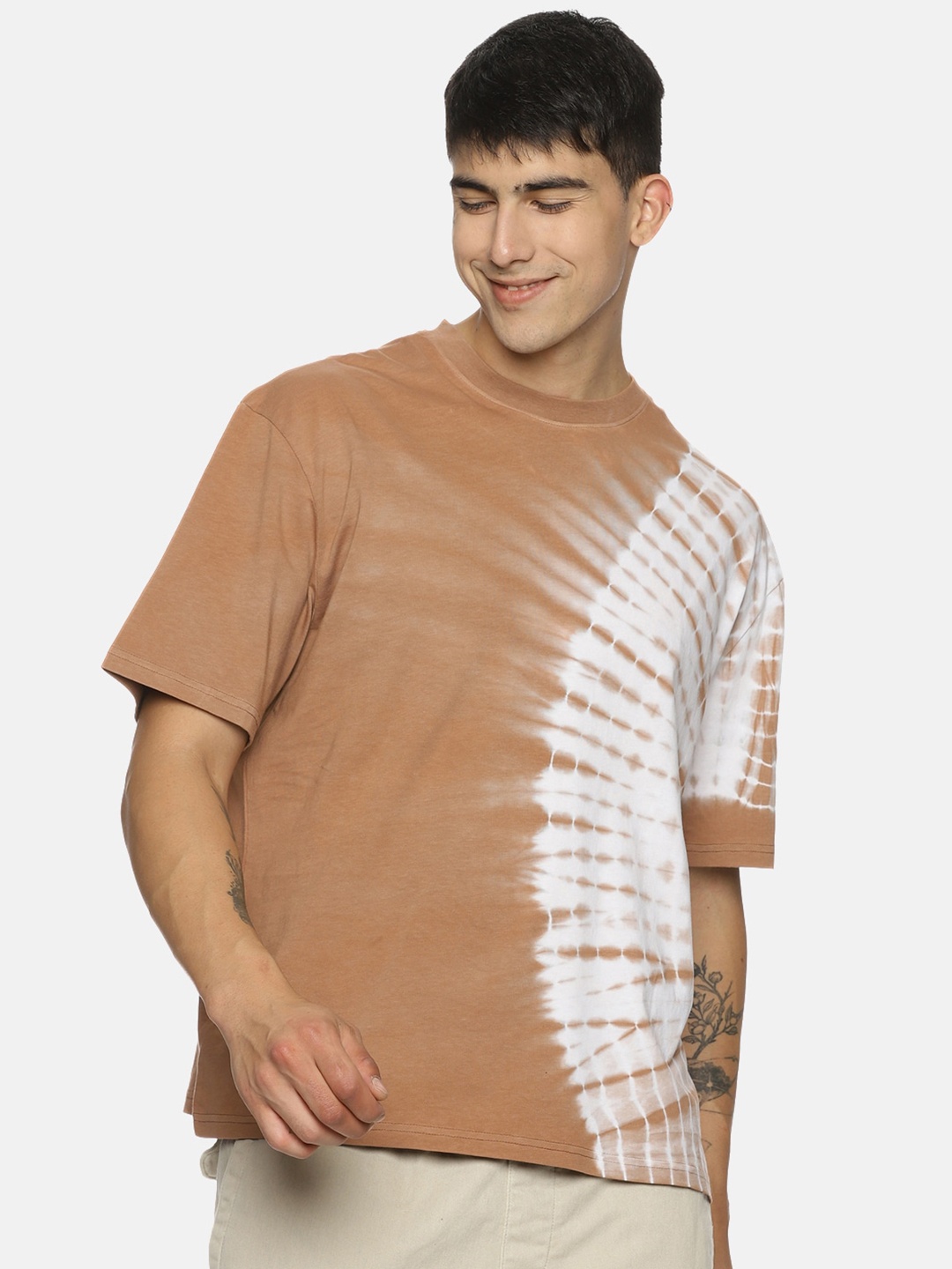 

Roadster Tie & Dye Drop-Shoulder Sleeves Oversized Pure-Cotton T-Shirt, Brown