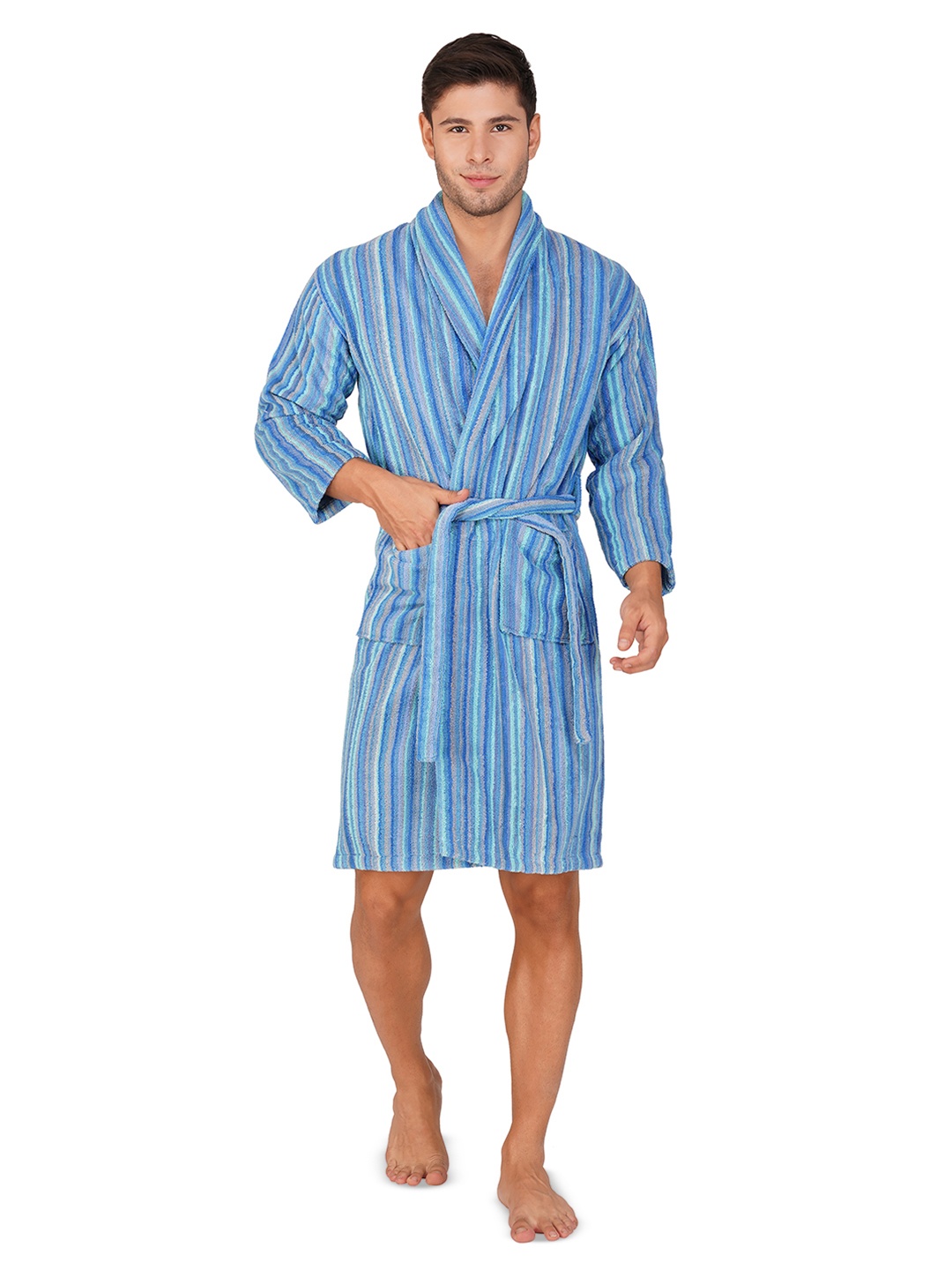

RANGOLI Striped Pure Cotton Bath Robe, Blue