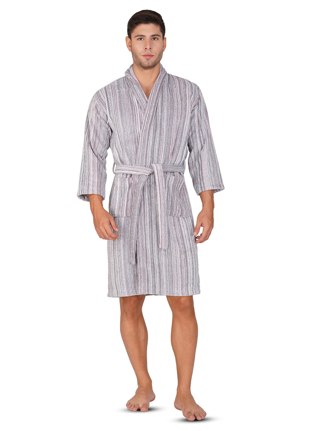 

RANGOLI Men Striped Pure Cotton Bath Robe, Grey