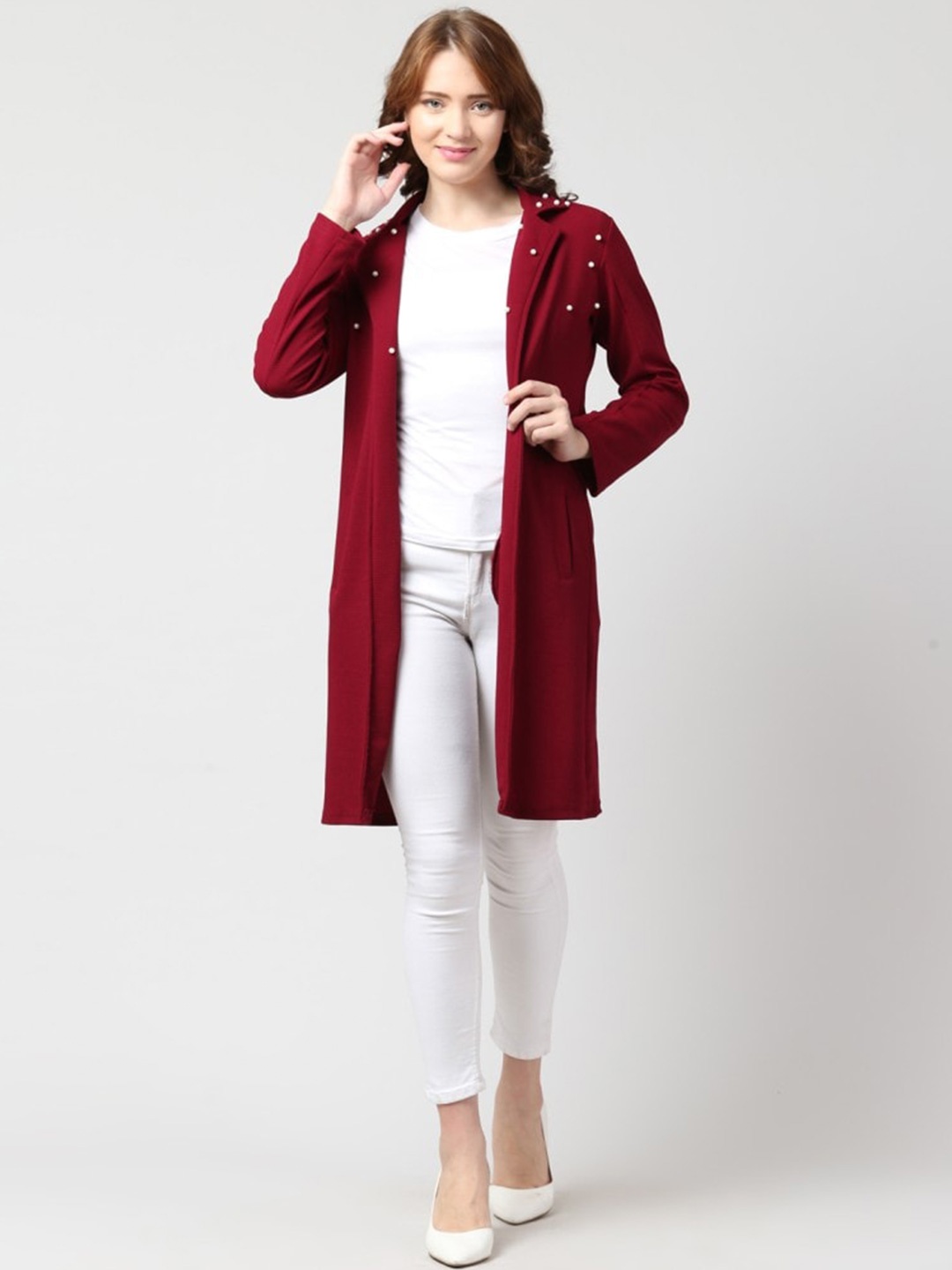 

Moshe Embellished Open Front Longline Shrug, Maroon