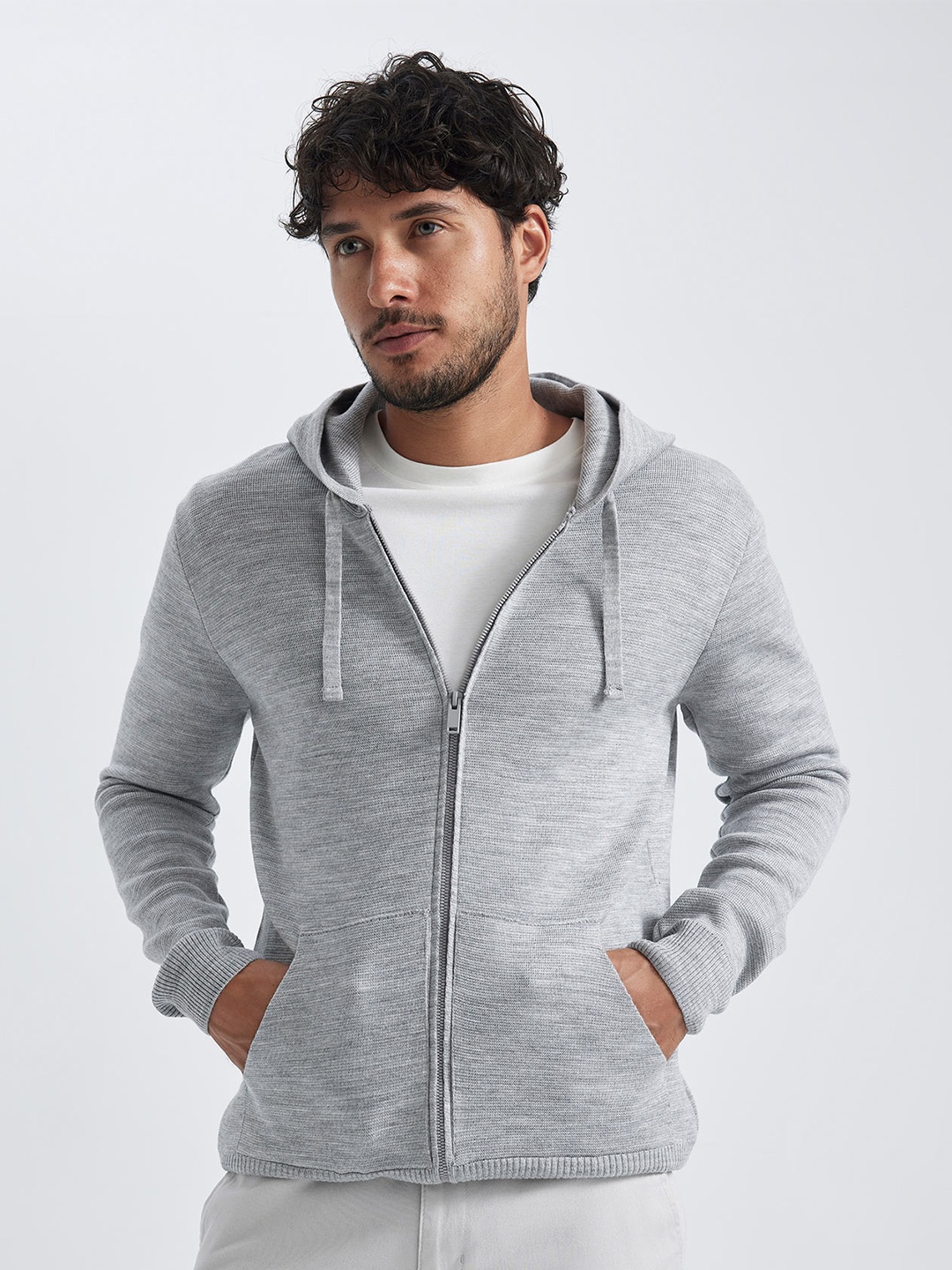 

DeFacto Hooded Long Sleeves Front-Open Acrylic Sweater, Grey