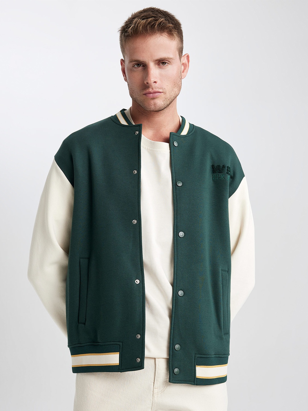 

DeFacto Colourblocked Varsity Jacket, Green