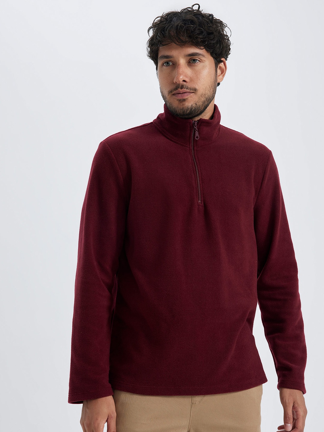 

DeFacto Mock Collar Half Zipper Pullover Sweatshirt, Burgundy