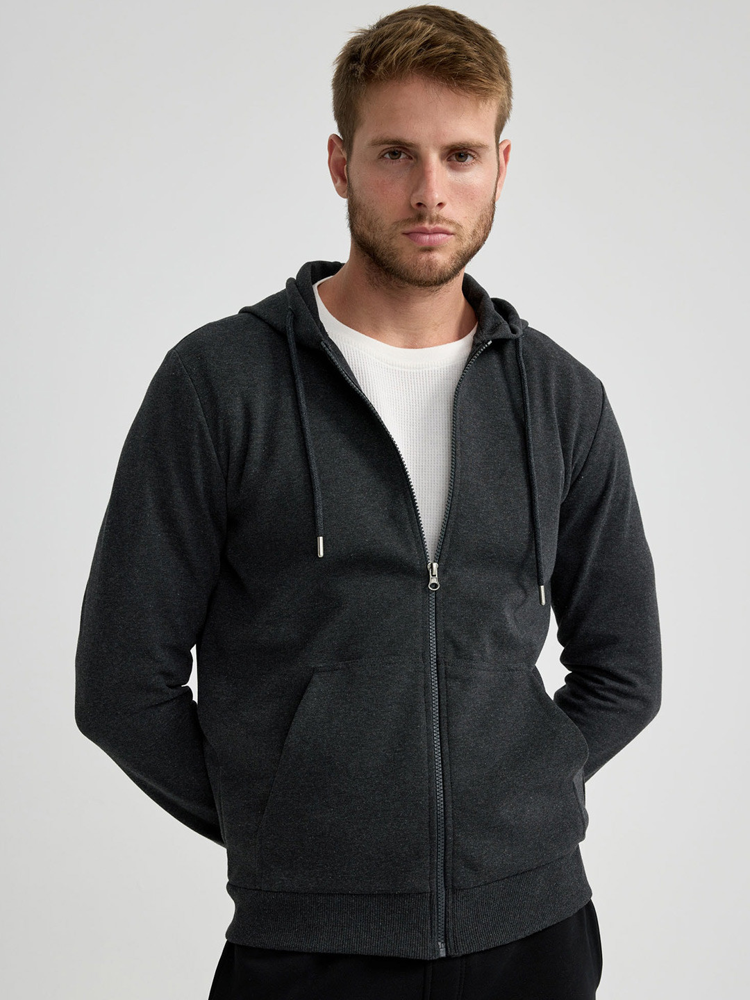 

DeFacto Hooded Open-Front Sweatshirt, Charcoal