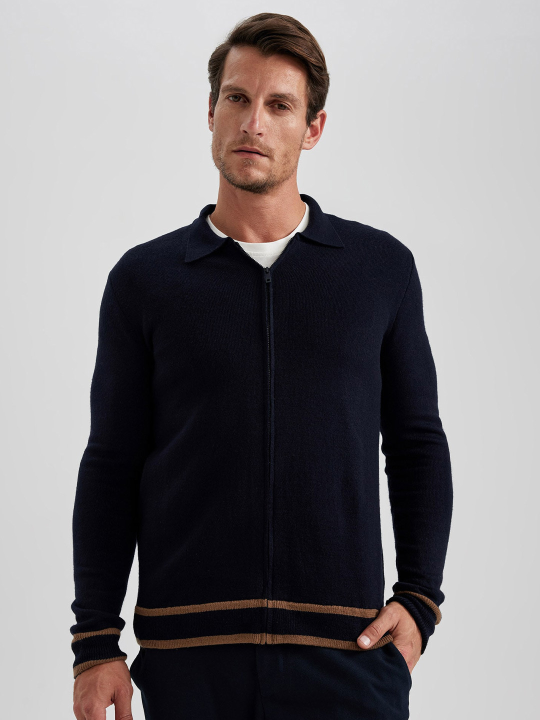 

DeFacto Shirt Collar Front-Open Acrylic Sweater, Navy blue