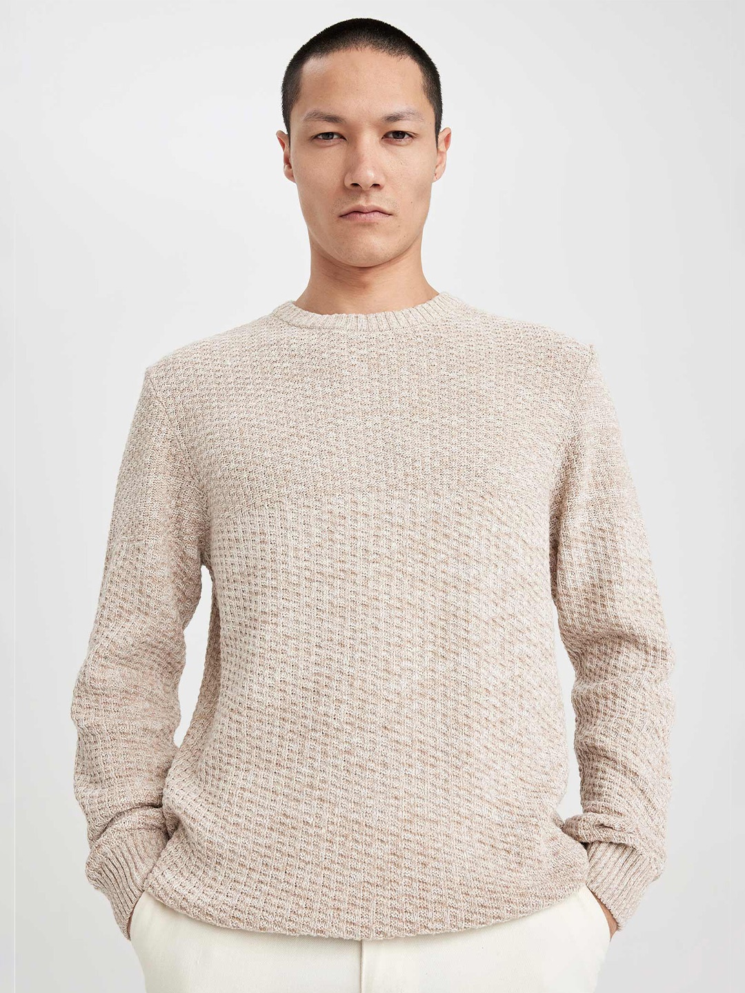 

DeFacto Ribbed Round Neck Pullover, Beige