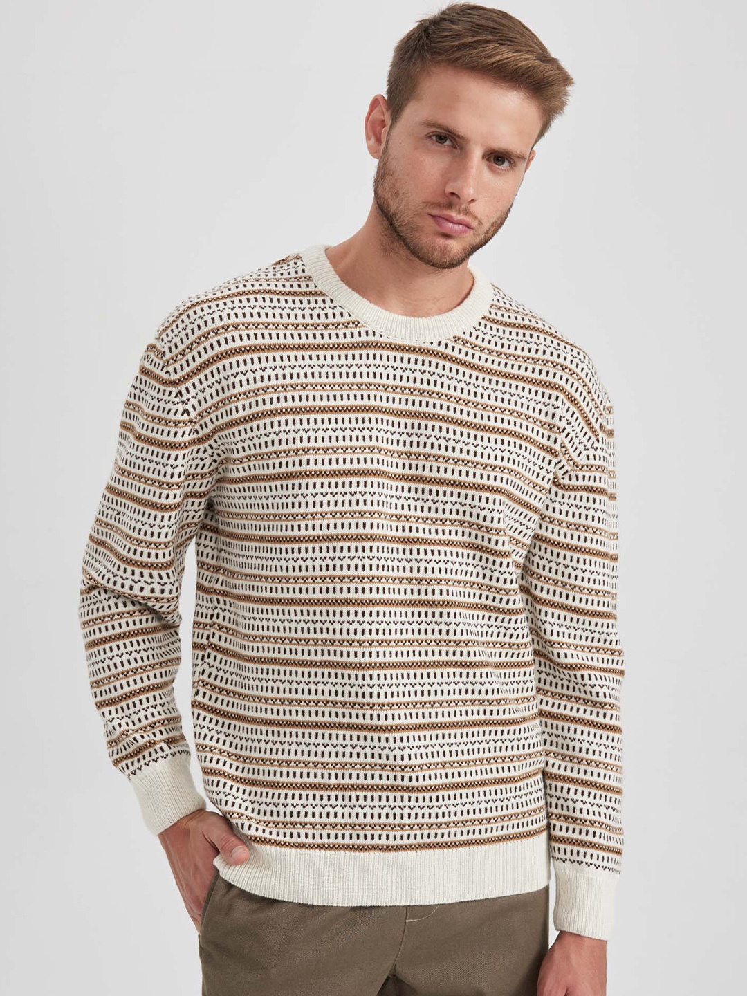 

DeFacto Striped Ribbed Pullover Sweater, White