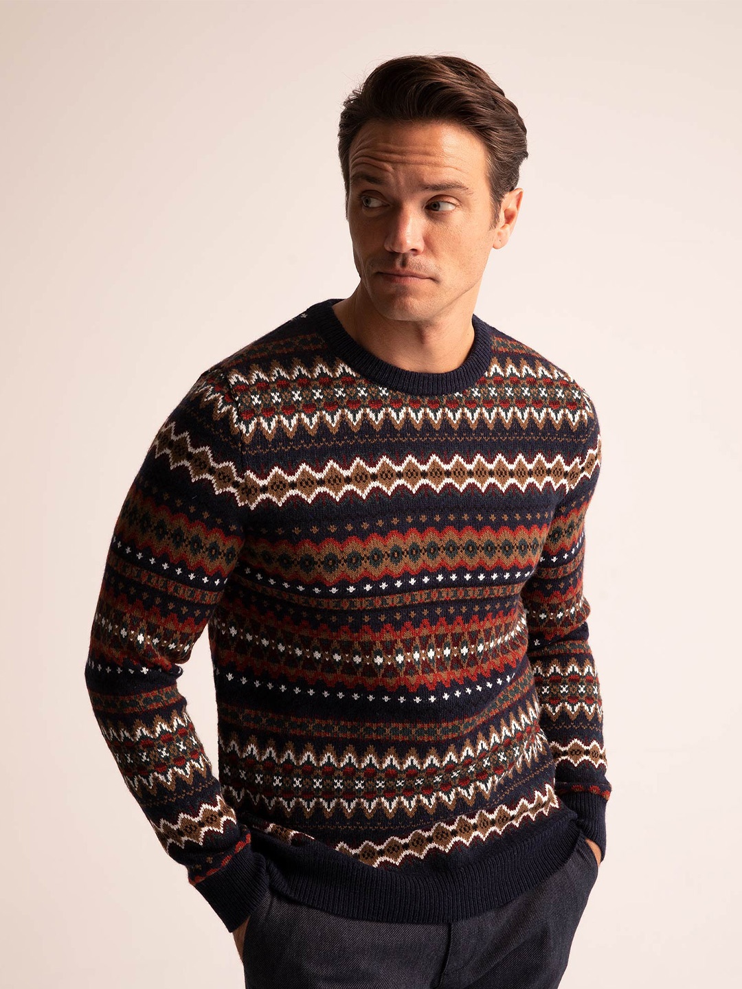 

DeFacto Geometric Printed Pullover Sweater, Brown