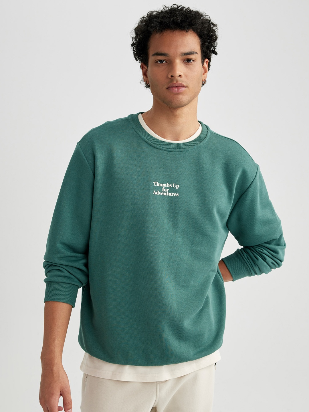 

DeFacto Typography Printed Round Neck Pullover, Green