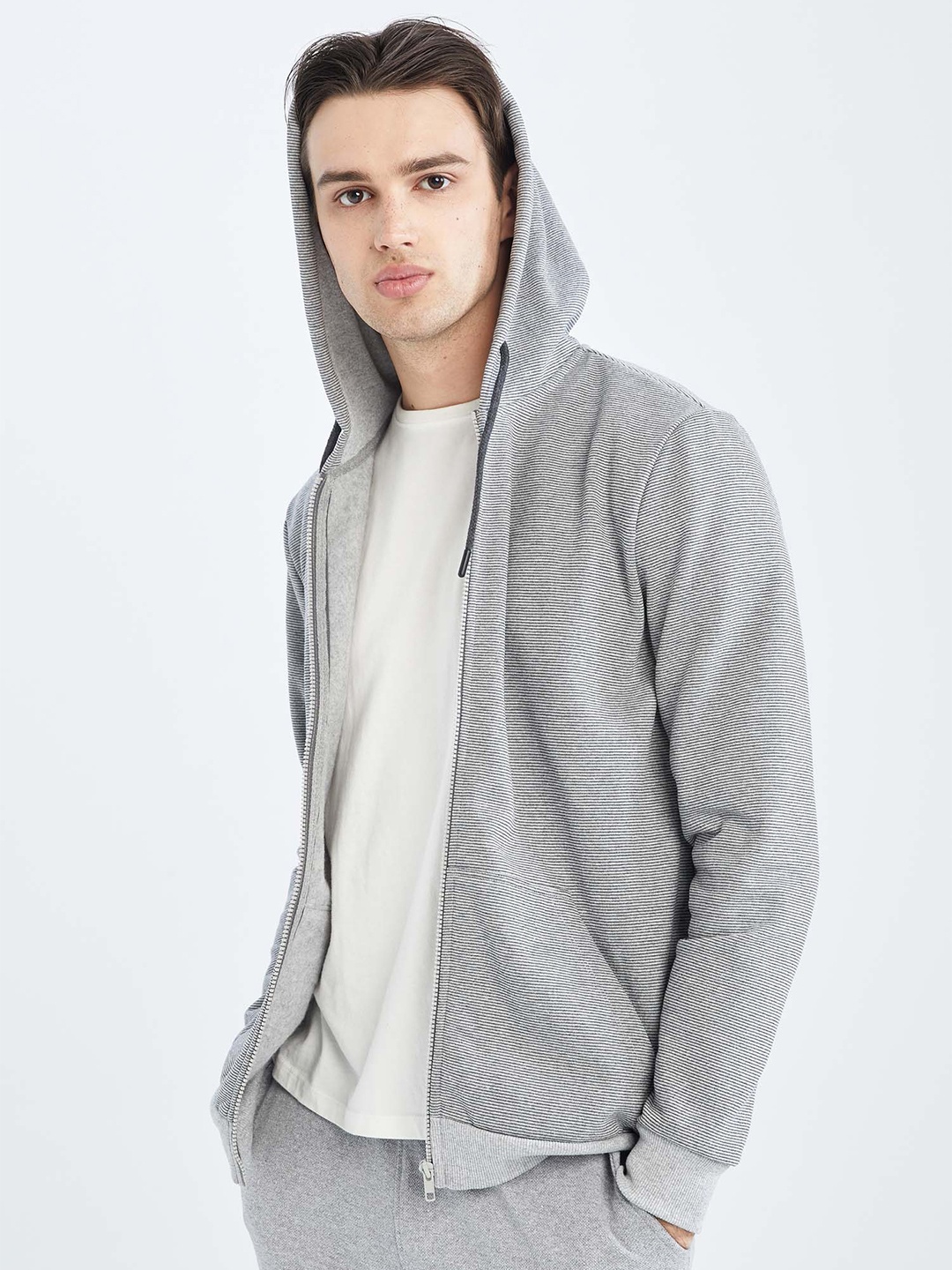 

DeFacto Striped Hooded Front-Open Sweatshirt, Grey