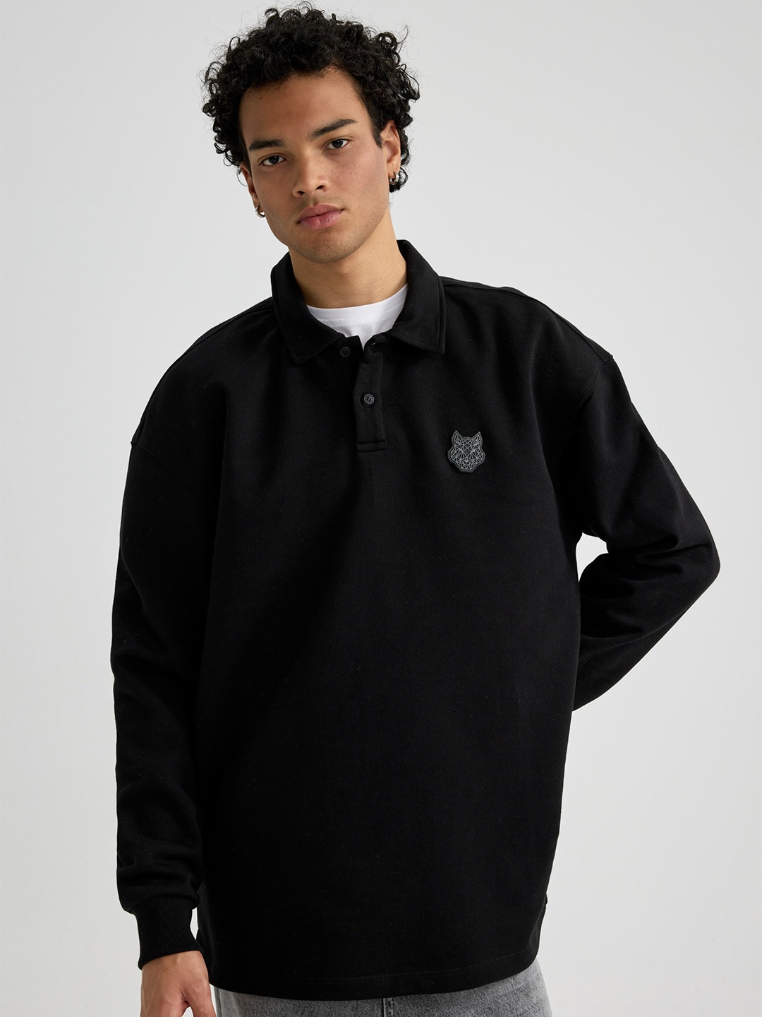 

DeFacto Shirt Collar Cotton Pullover Sweatshirt, Black
