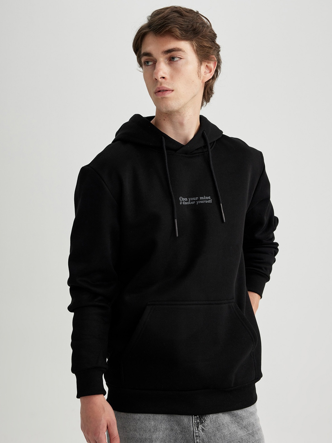 

DeFacto Typography Printed Hooded Pullover Sweatshirt, Black