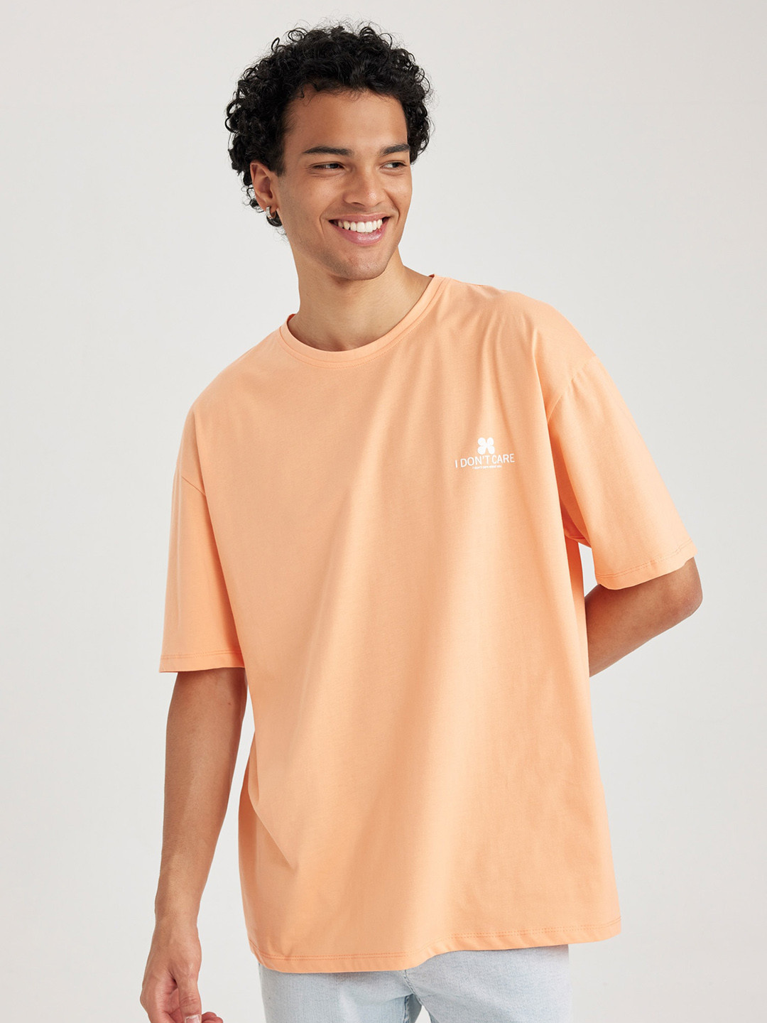 

DeFacto Round Neck Drop Shoulder Sleeves Cotton T-shirt, Peach