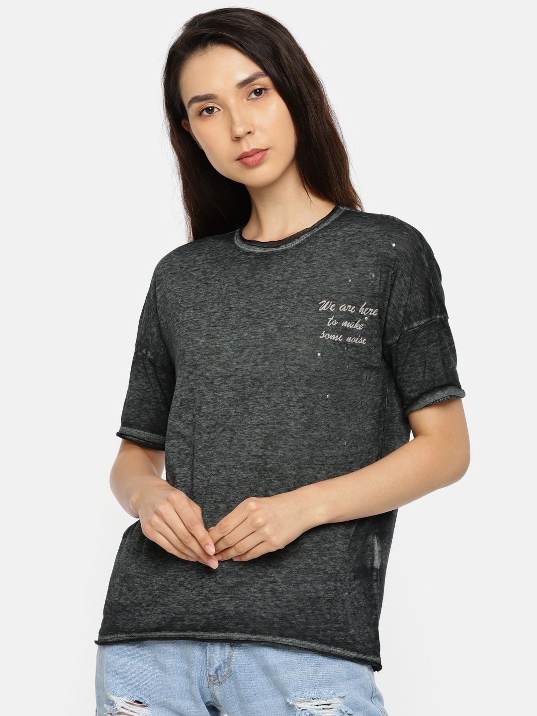 

ONLY Women Charcoal Grey Printed Round Neck T-shirt