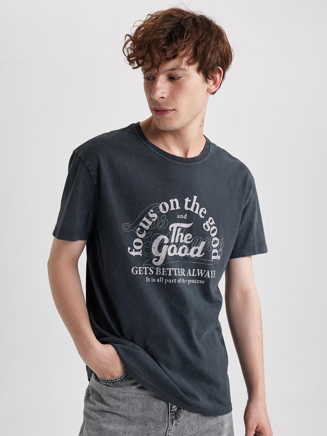 

DeFacto Typography Printed Cotton T-shirt, Grey