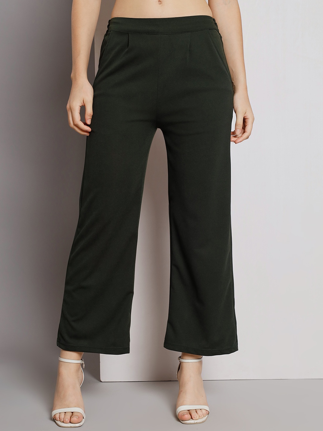 

Q-rious Women Pleated Mid-Rise Plain Parallel Trousers, Olive