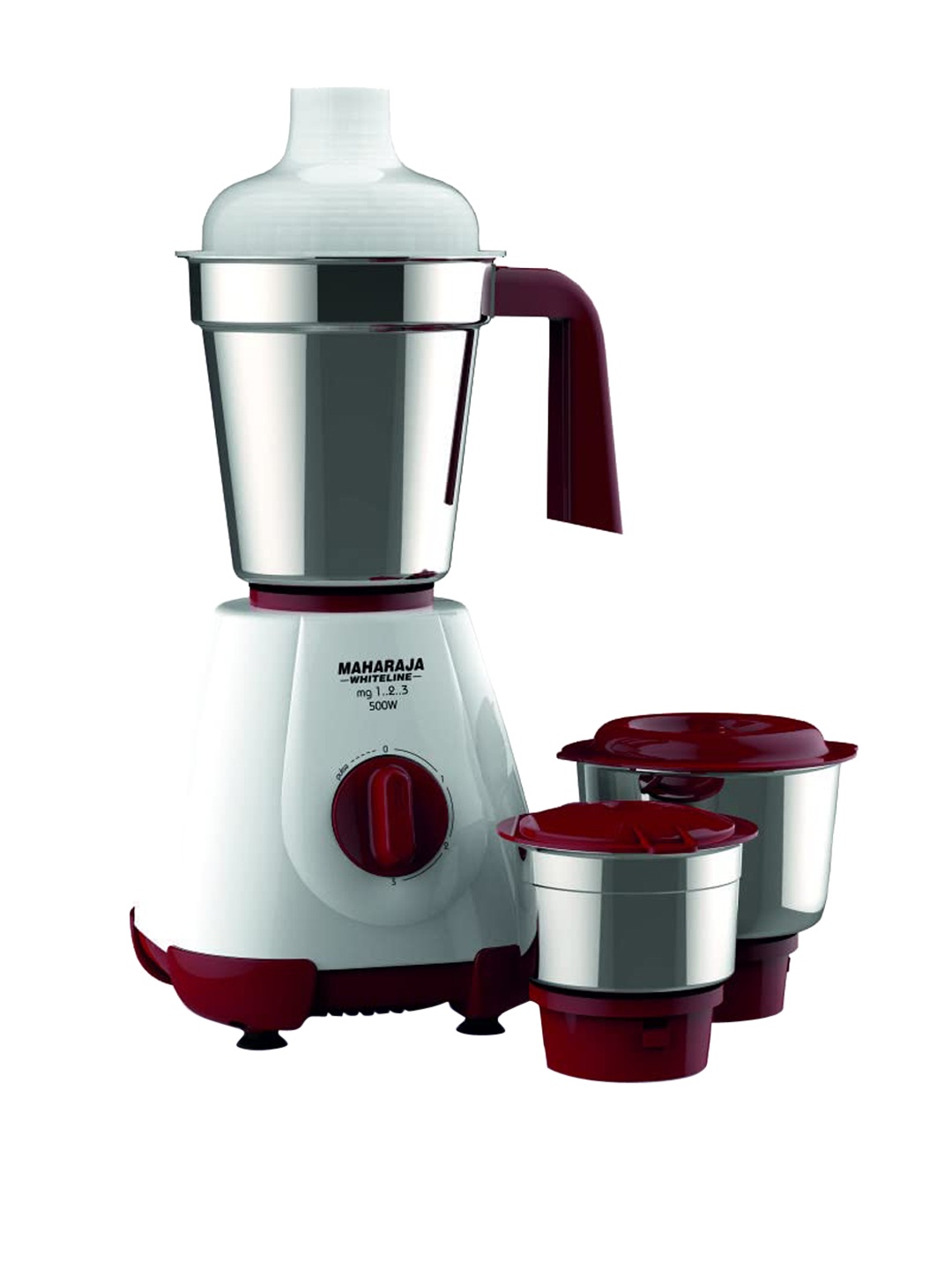 

MAHARAJA WHITELINE White & Maroon MG-123 MX-237 500W Juicer Mixer Grinder With 3 Jars