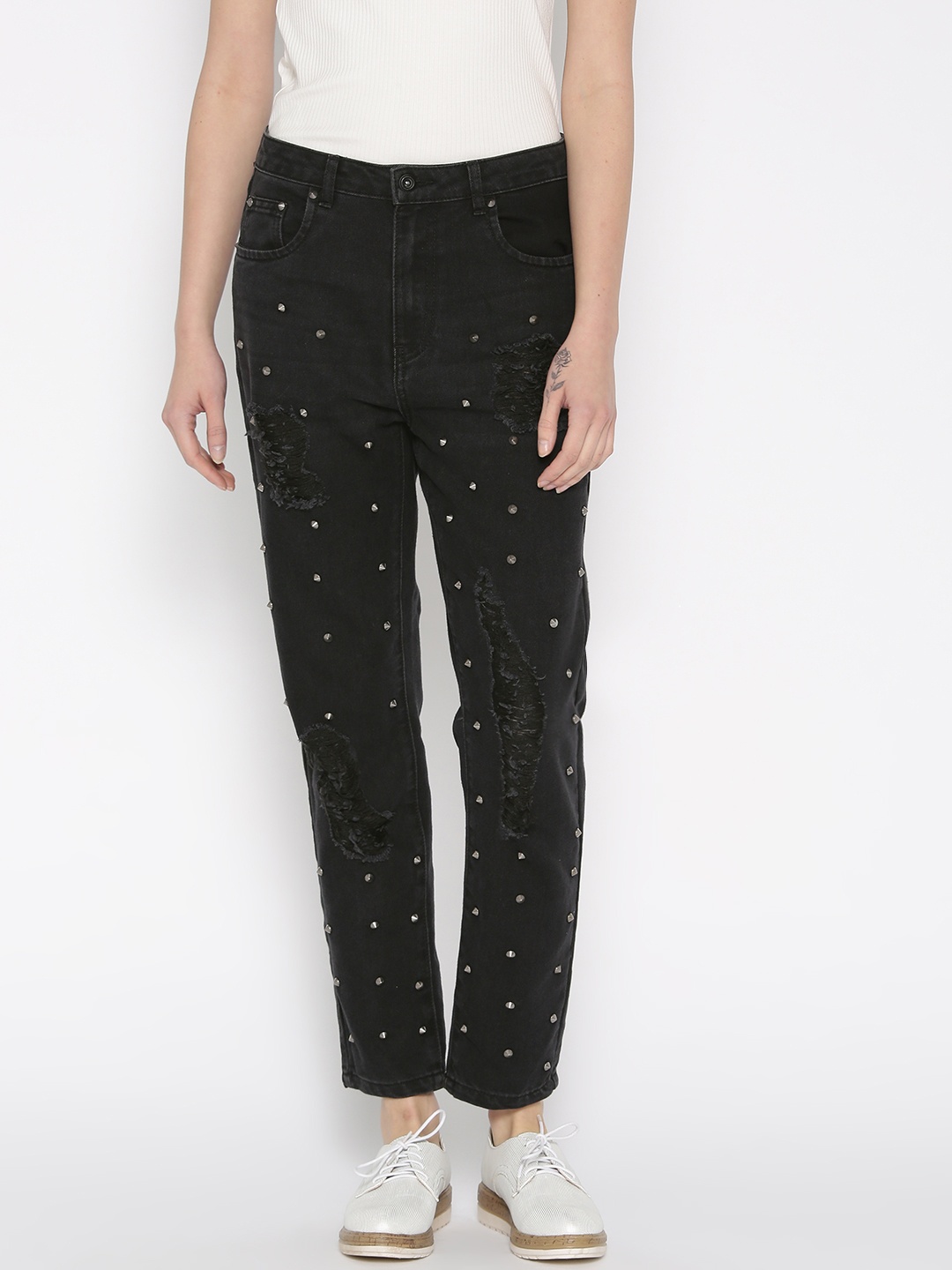 

ONLY Women Black Skinny Fit High-Rise Mildly Distressed Studded Cropped Jeans