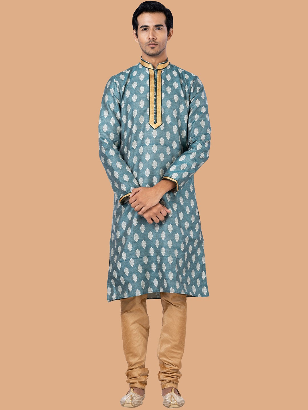 

ROOTED LIBAAS Men Turquoise Blue Ethnic Motifs Regular Dupion Silk Kurta with Churidar