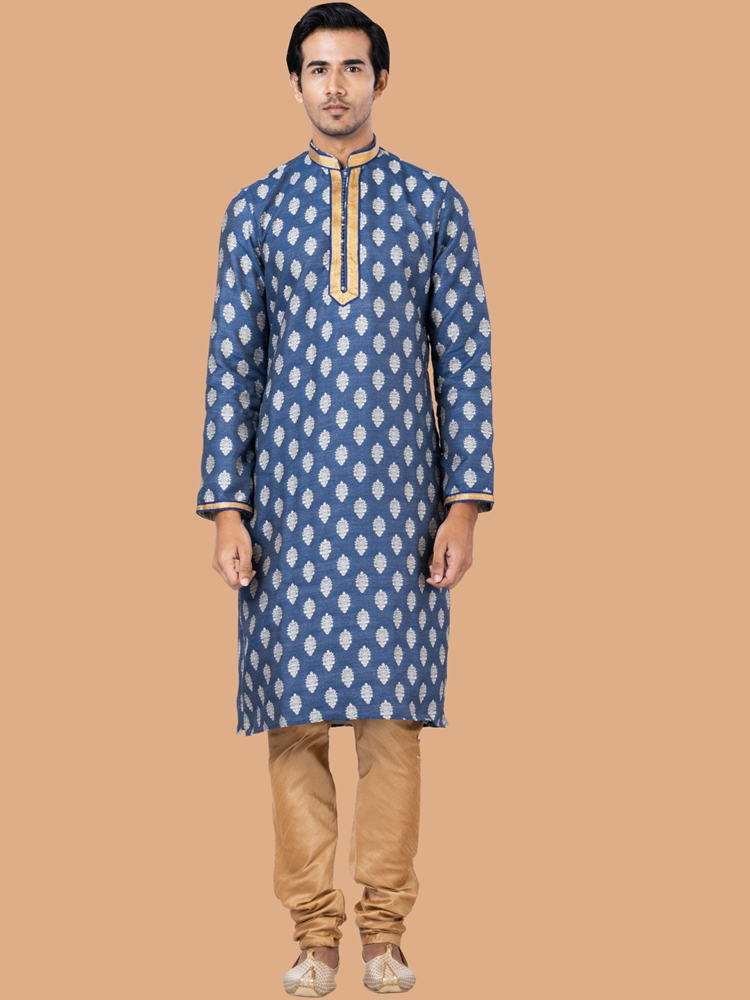 

ROOTED LIBAAS Men Blue Ethnic Motifs Regular Dupion Silk Kurta with Churidar