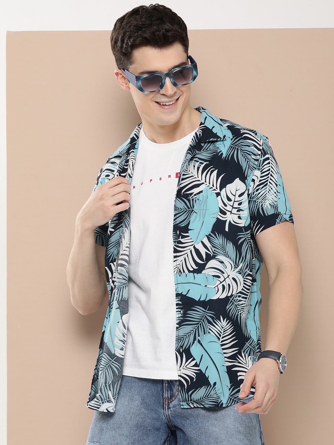 

HERE&NOW Men Slim Fit Printed Casual Shirt, Navy blue