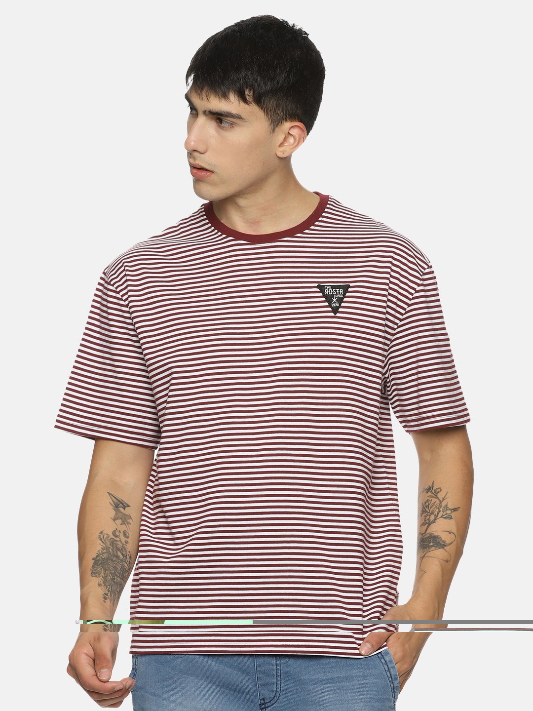 

Roadster Striped Drop-Shoulder Sleeves Oversized Pure-Cotton T-Shirt, Burgundy