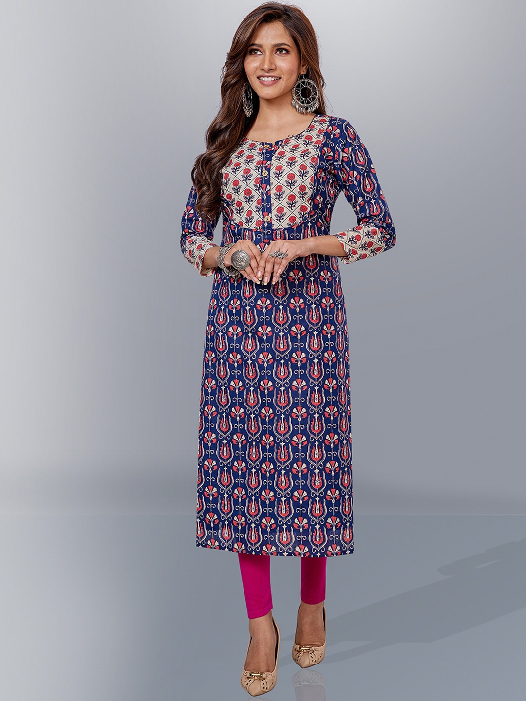 

Jevi Prints Floral Printed Round Neck Straight Cotton Kurta, Blue