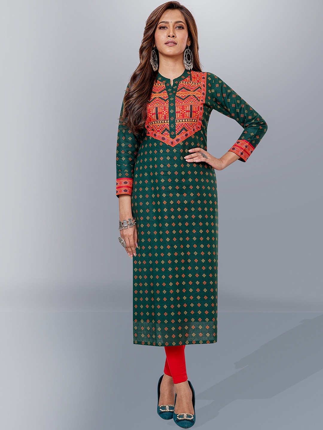 Jevi Prints Ethnic Motifs Printed Cotton Kurta, Green