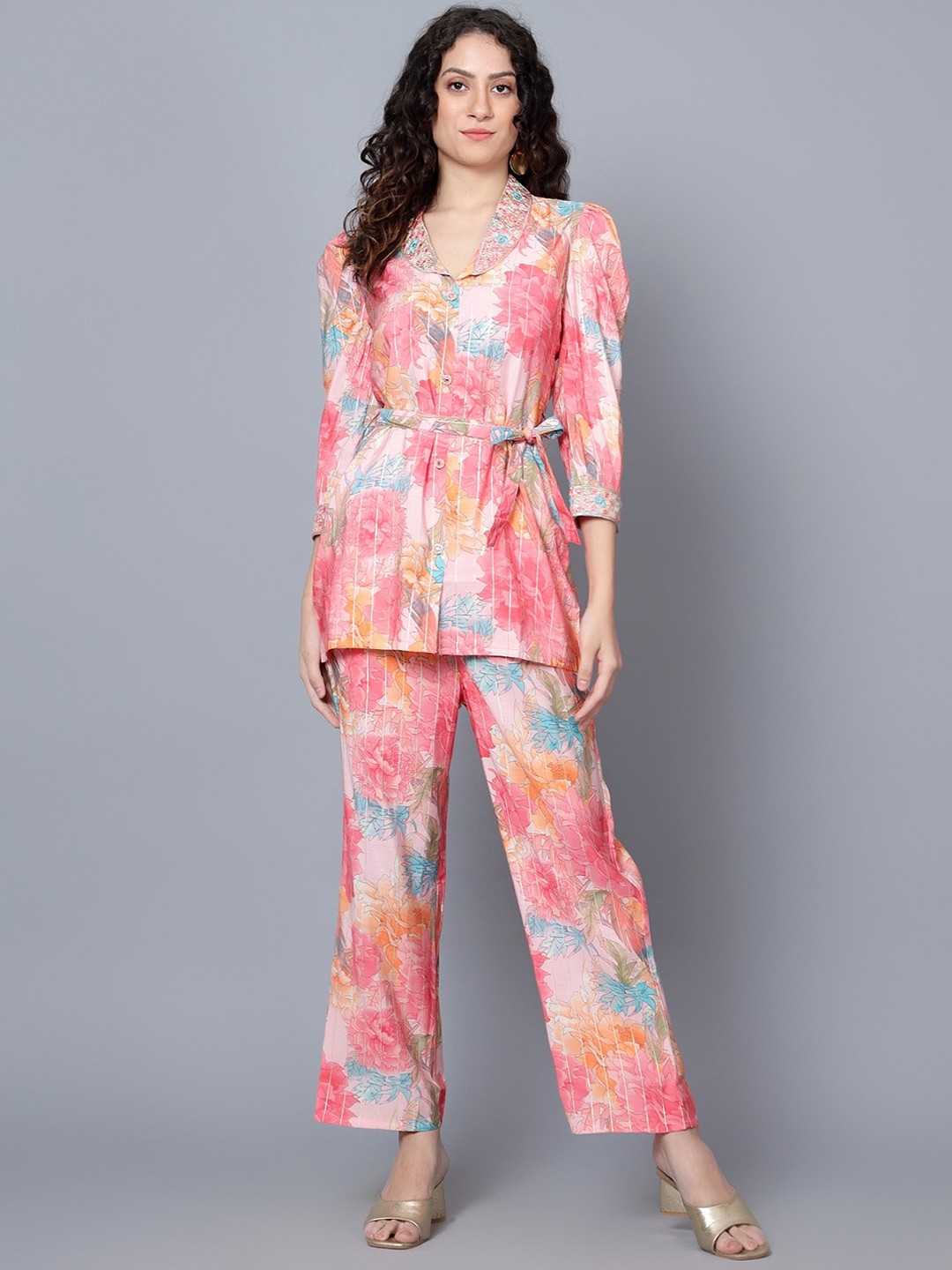 

Bani Women 2-pcs Printed Shawl-Neck Tunic with High-Waist Trouser Co-Ords, Pink