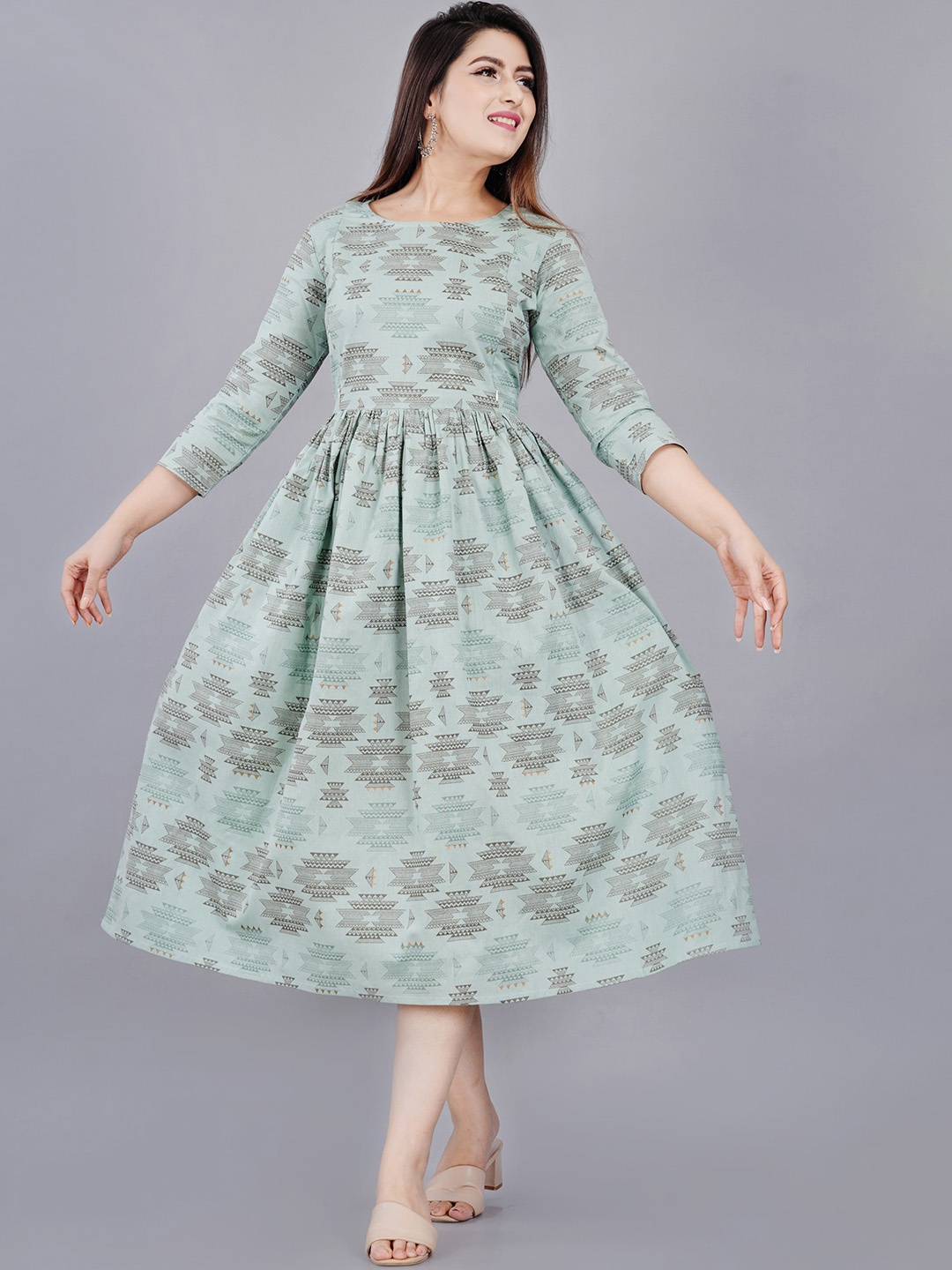 

TREND ME Ethnic Motifs Printed Fit and Flare Maternity Midi Ethnic Dress, Teal