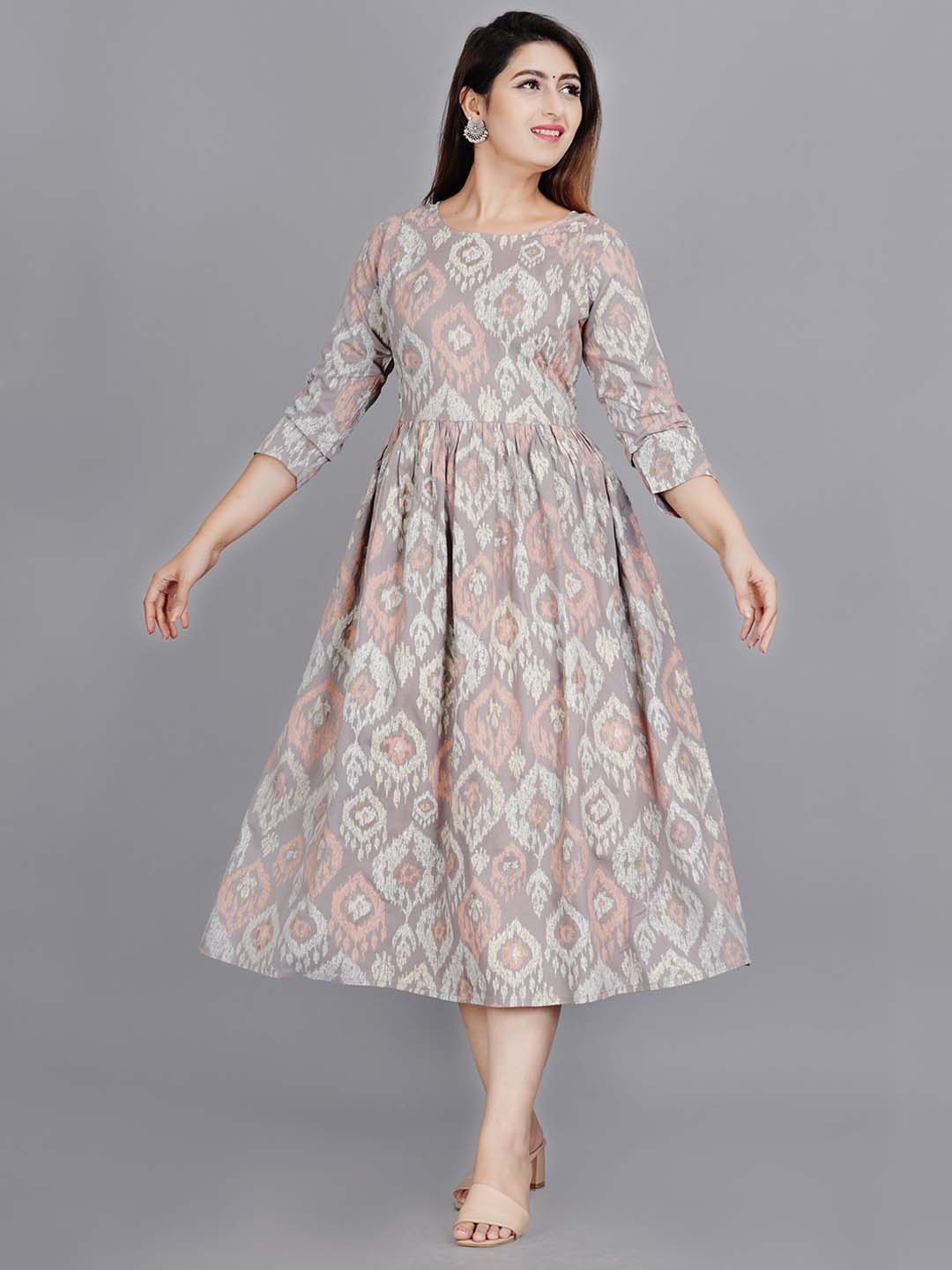 

TREND ME Ethnic Motifs Printed Fit and Flare Maternity Midi Ethnic Dress, Cream