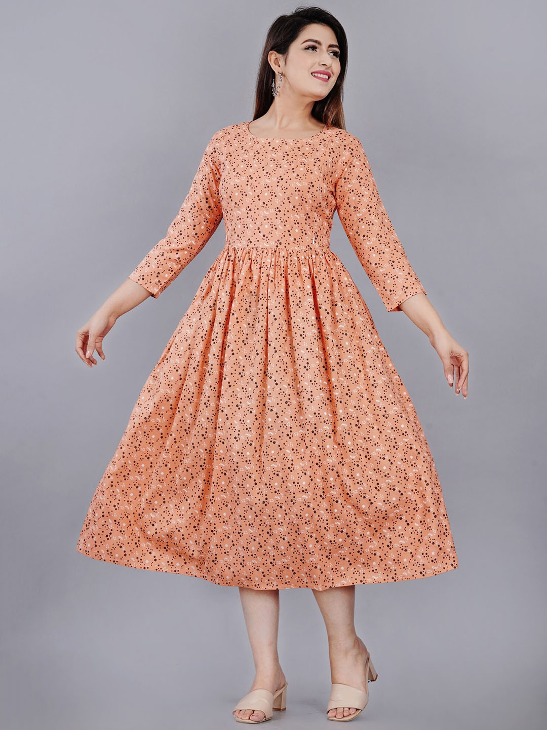 

TREND ME Conversational Printed Fit and Flare Maternity Midi Ethnic Dress, Peach