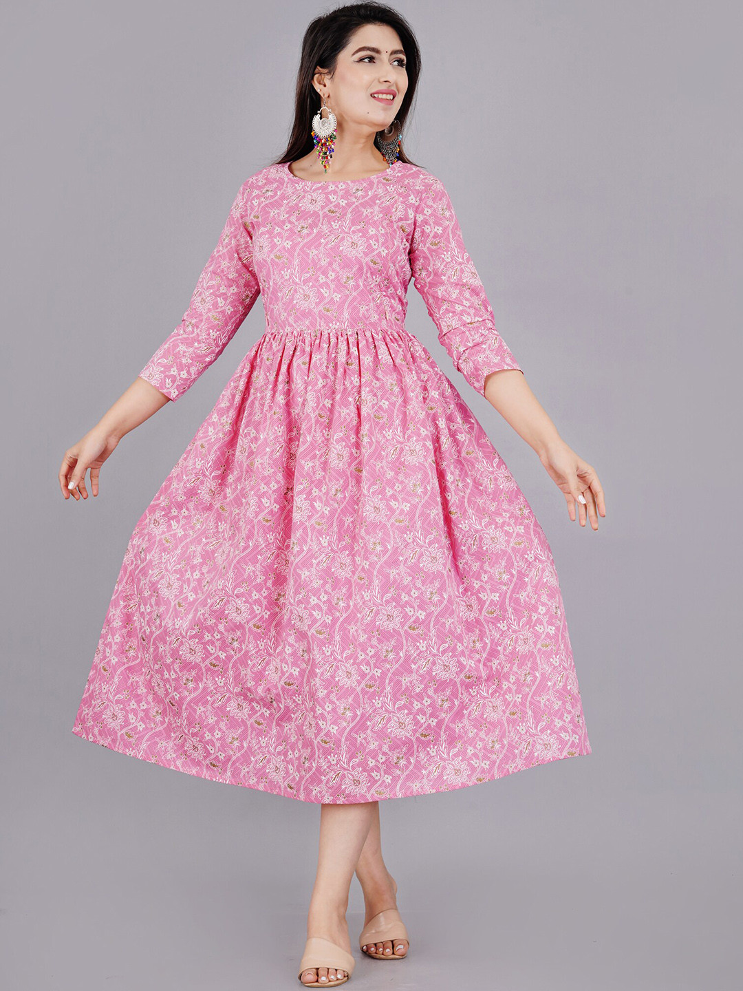 

TREND ME Floral Printed Fit and Flare Maternity Midi Ethnic Dress, Pink