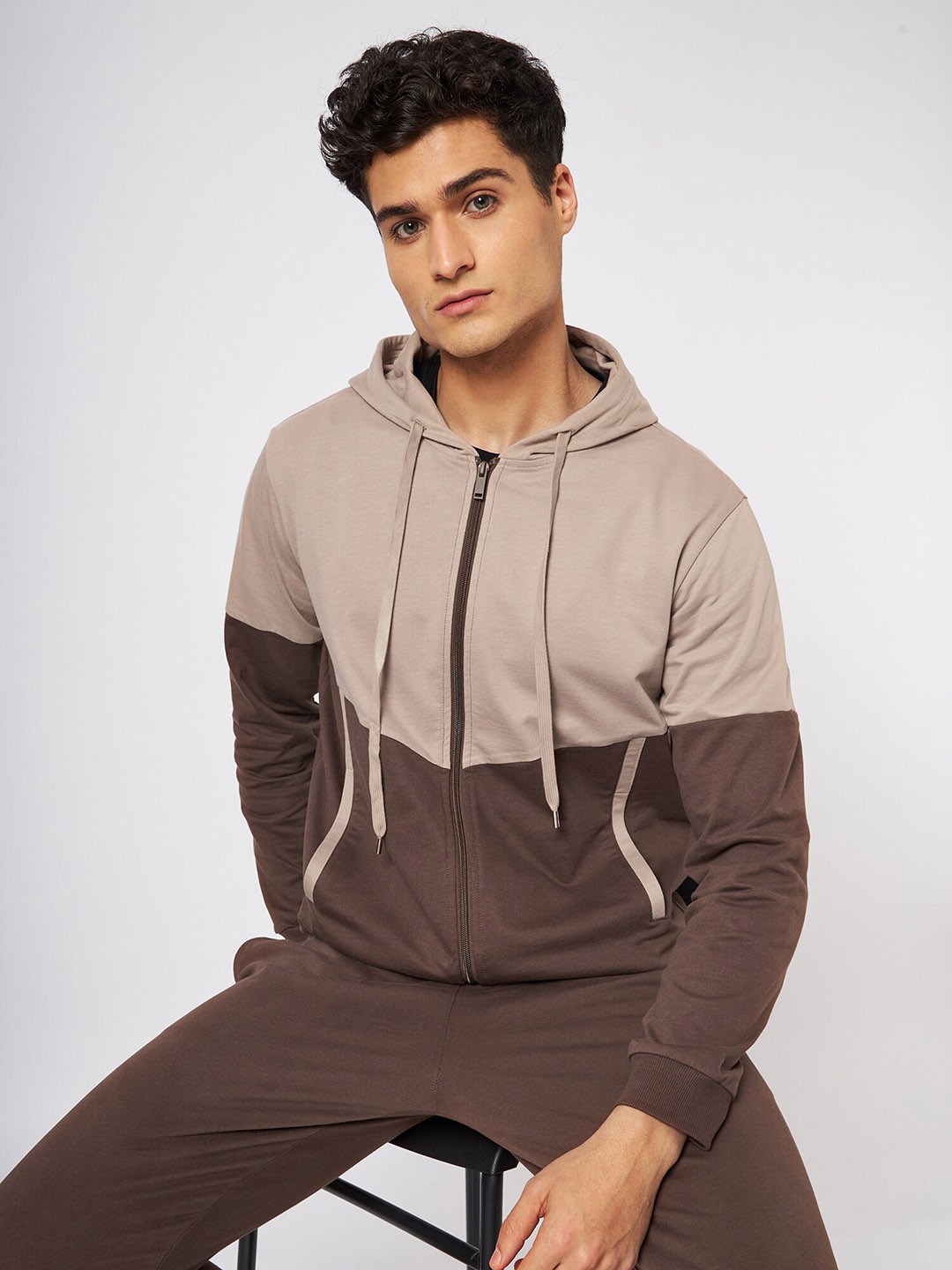 

CAVA Colourblocked Hooded Cotton Front-Open Sweatshirt, Brown