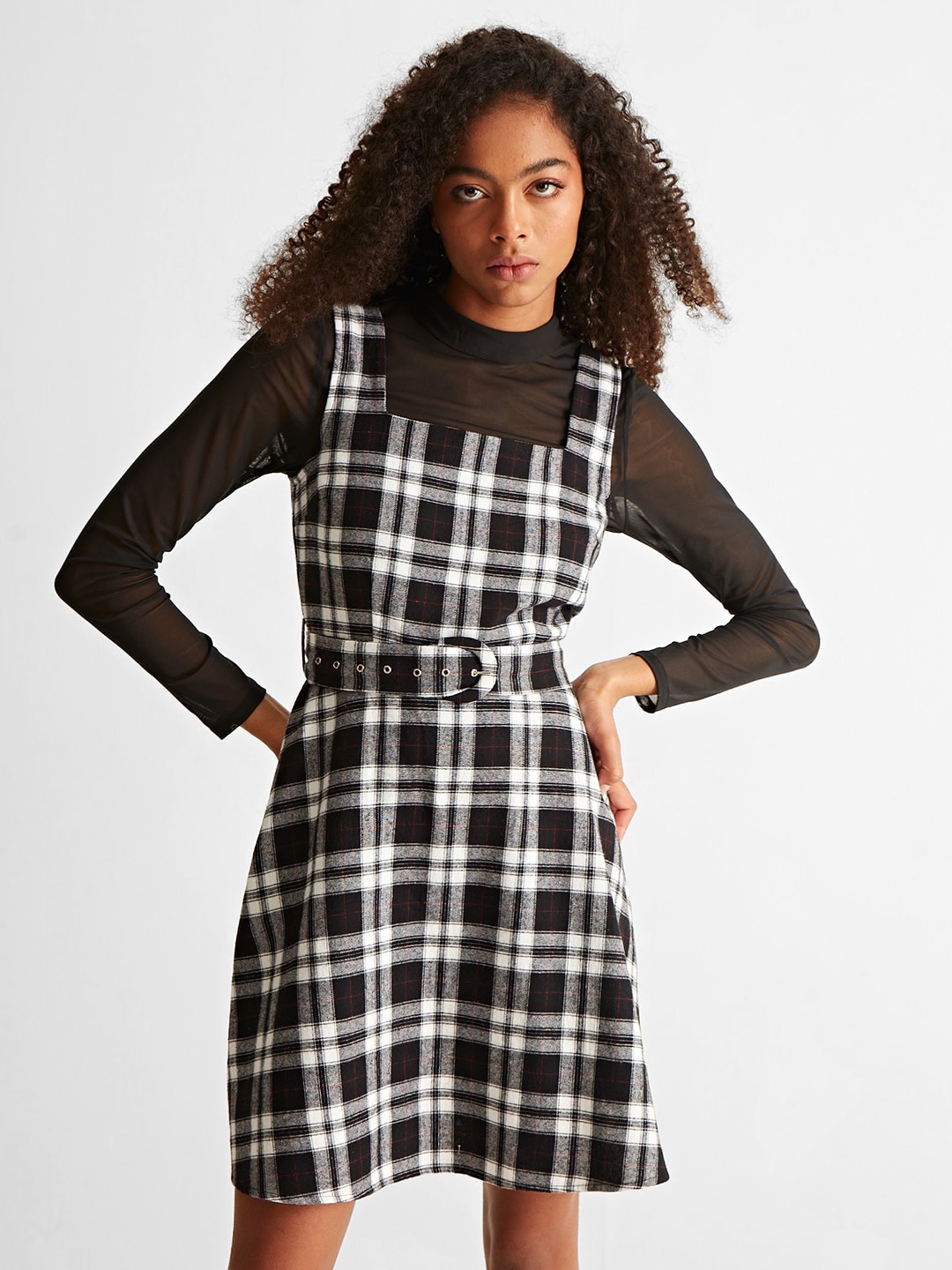 

COVER STORY Black & White Checked Belted Square Neck Pure Cotton Fit & Flare Dress