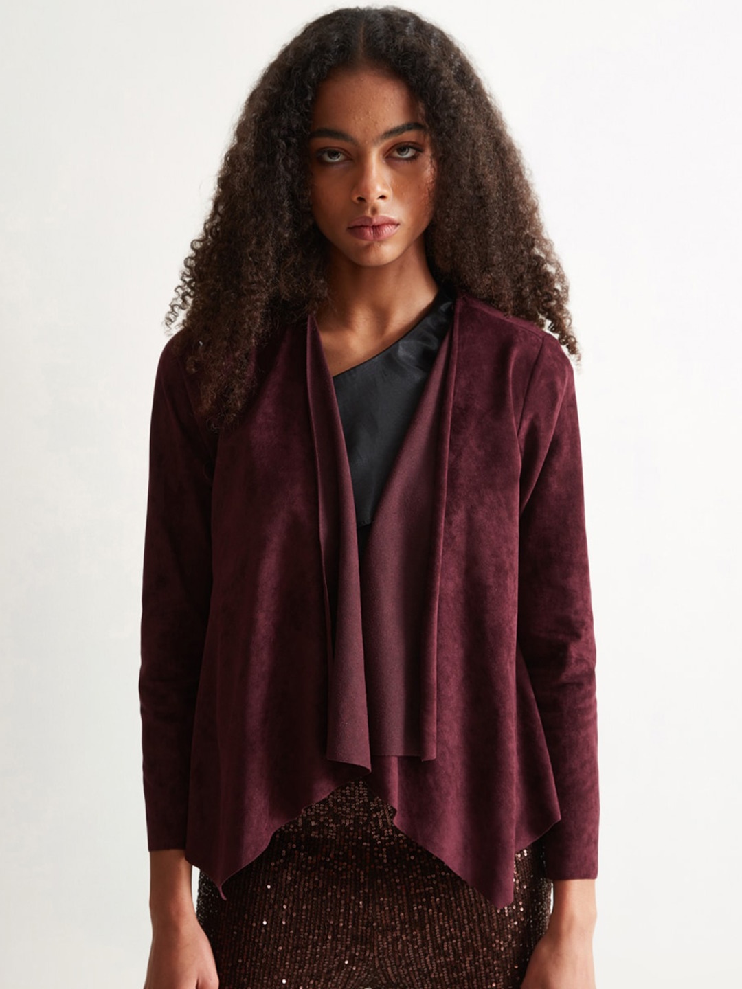 

COVER STORY Maroon Open Front Asymmetric Shrug