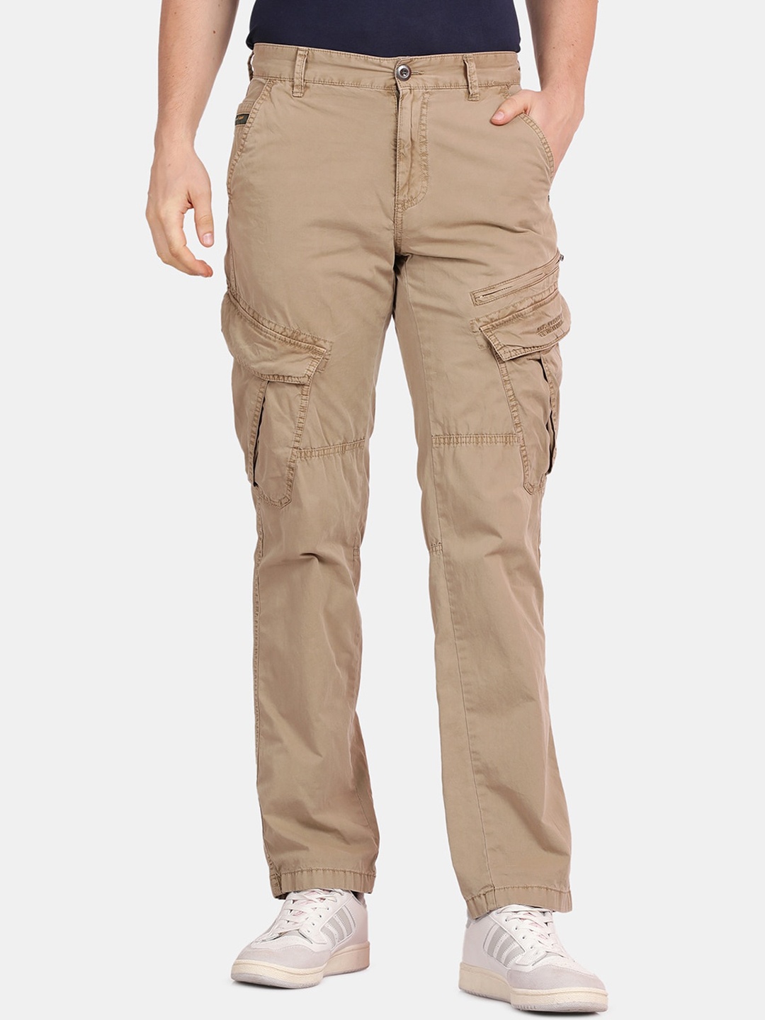 

t-base Men Regular Fit Mid-Rise Cotton Cargos Trousers, Khaki