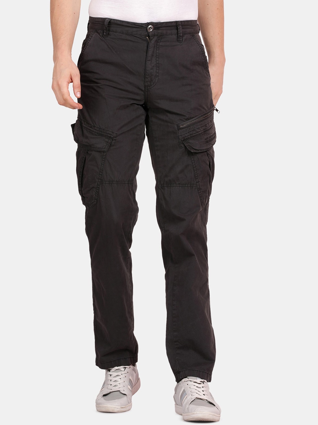 

t-base Men Mid Rise Pure Cotton Cargos Trousers, Black