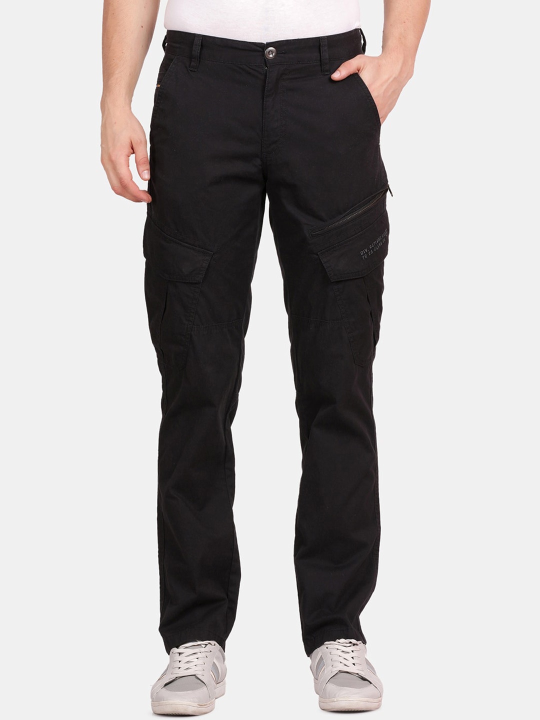 

t-base Men Mid Rise Pure Cotton Cargos Trousers, Black