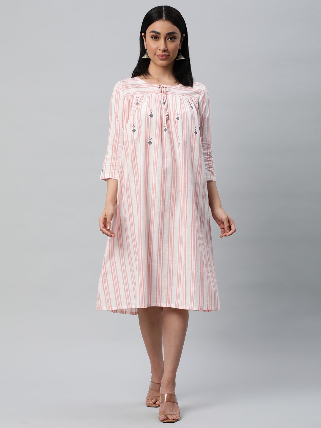 

KAMI KUBI Striped Tie-Up Neck Cotton A-Line Midi Dress, Peach