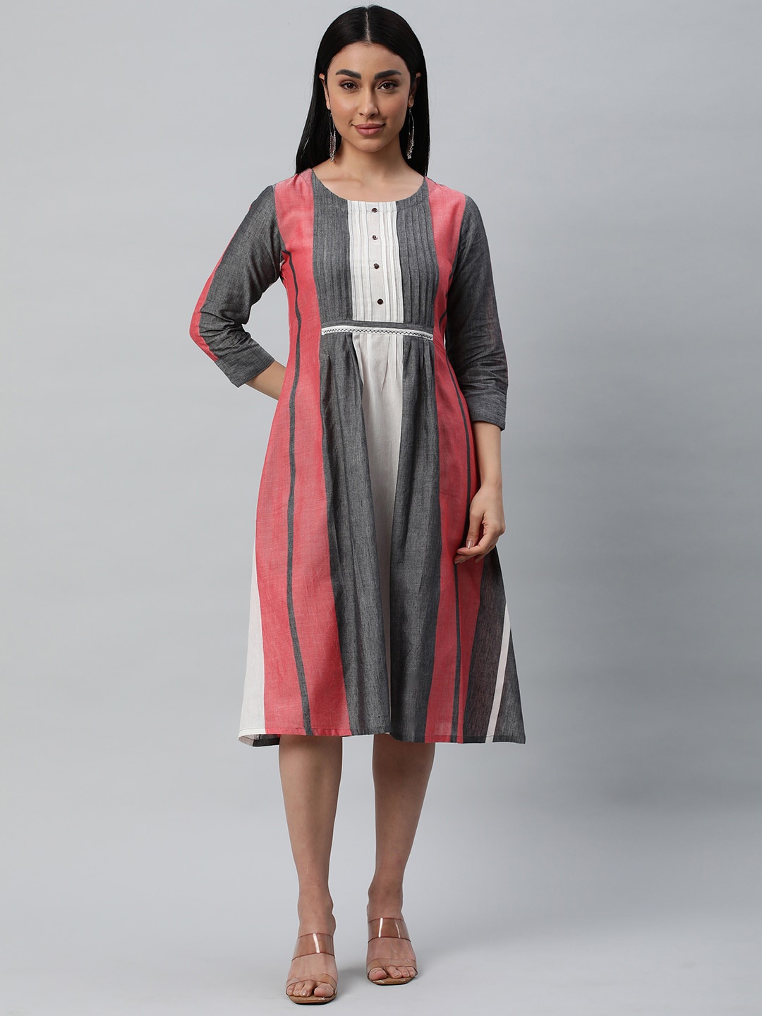 

KAMI KUBI Striped Round Neck Pure Cotton Pleated A-Line Dress, Maroon