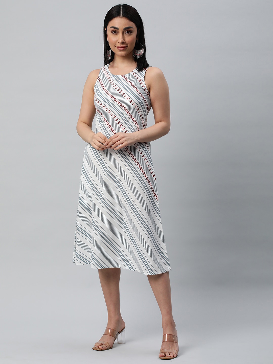 

KAMI KUBI Striped Round Neck Sleeveless Pure Cotton A-Line Dress, White